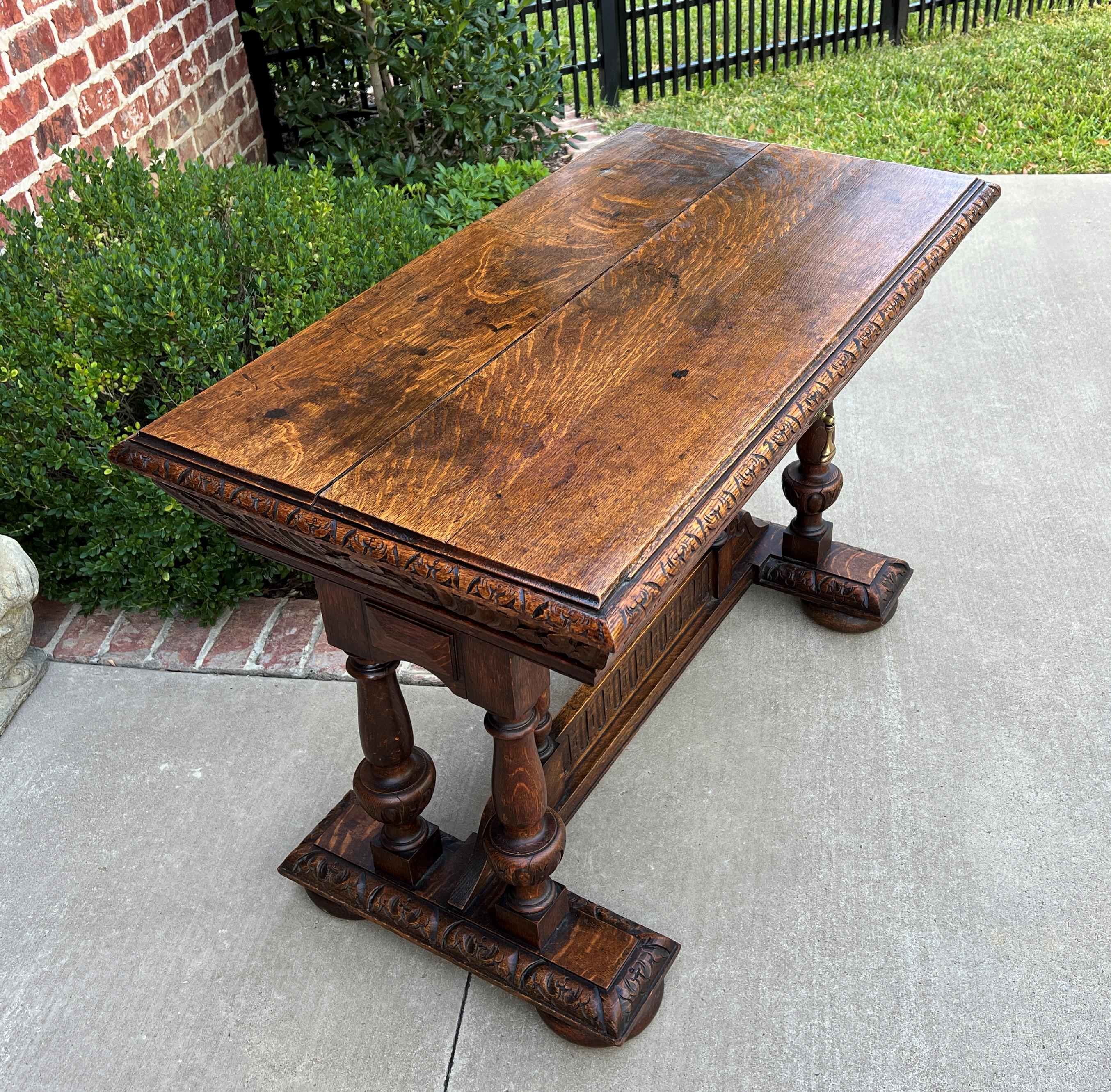 Antique French Writing Desk Table Renaissance Revival Dolphin Style Carved Oak For Sale 13