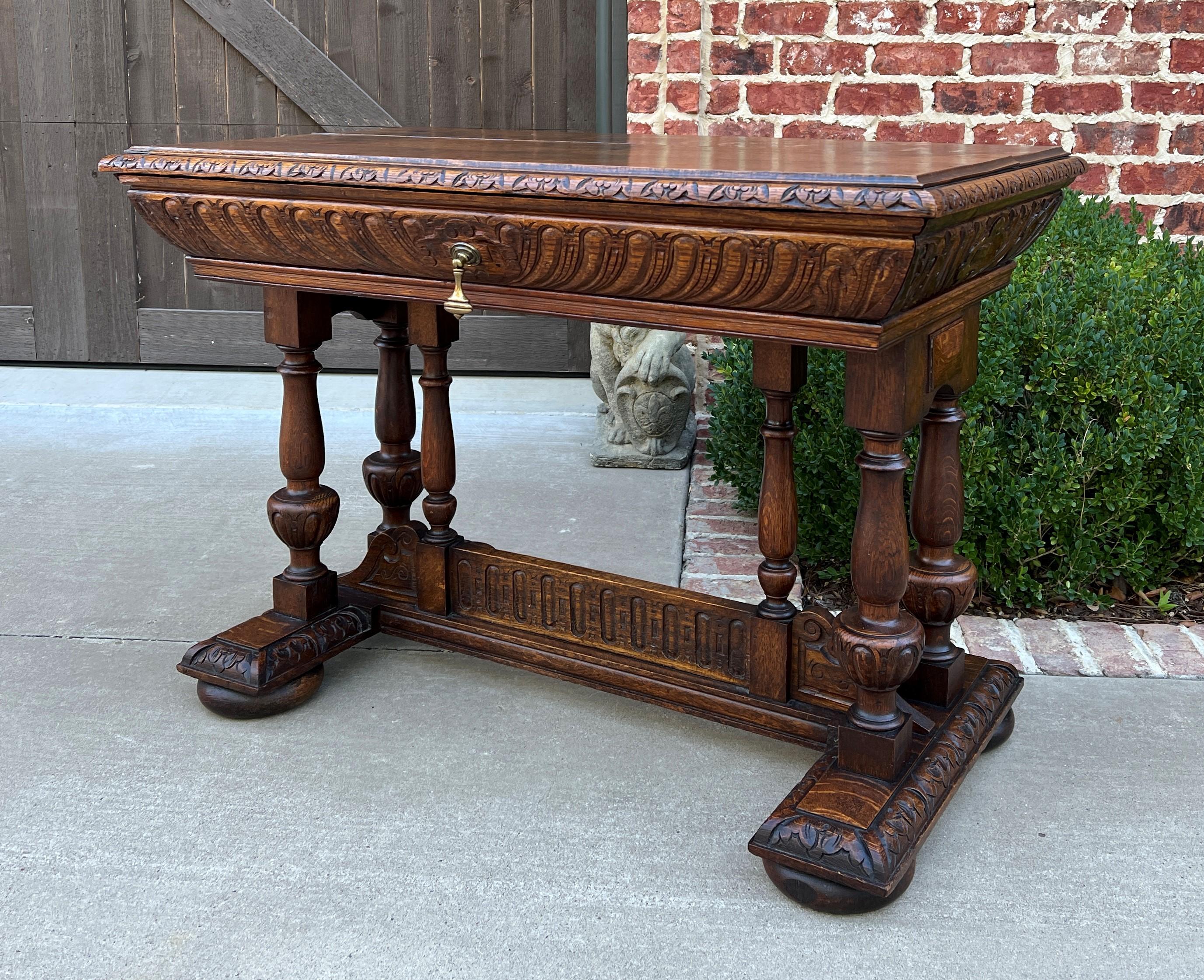 Antique French Writing Desk Table Renaissance Revival Dolphin Style Carved Oak In Good Condition For Sale In Tyler, TX