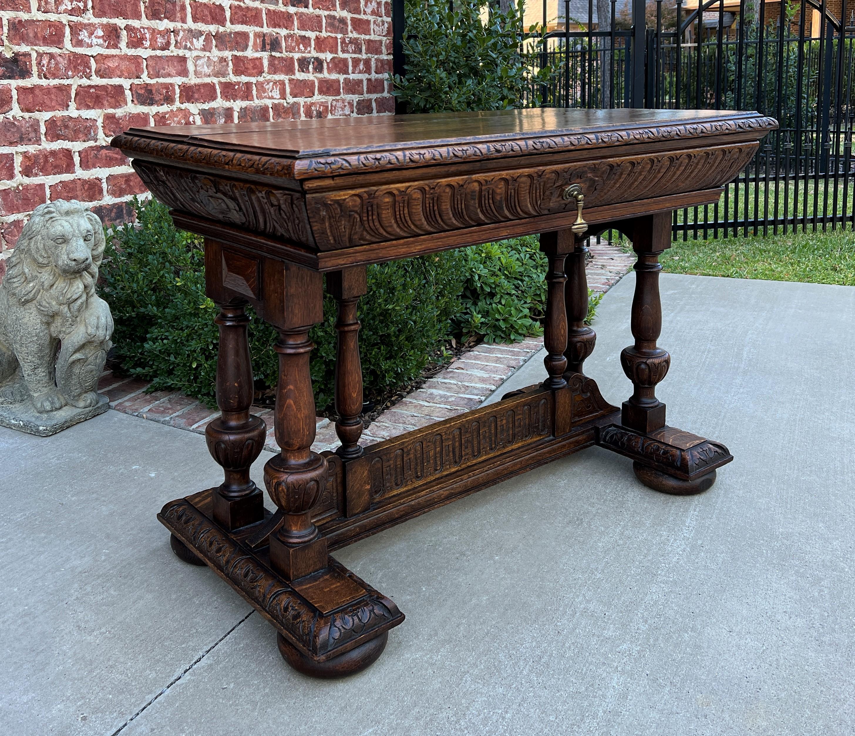 Antique French Writing Desk Table Renaissance Revival Dolphin Style Carved Oak For Sale 3