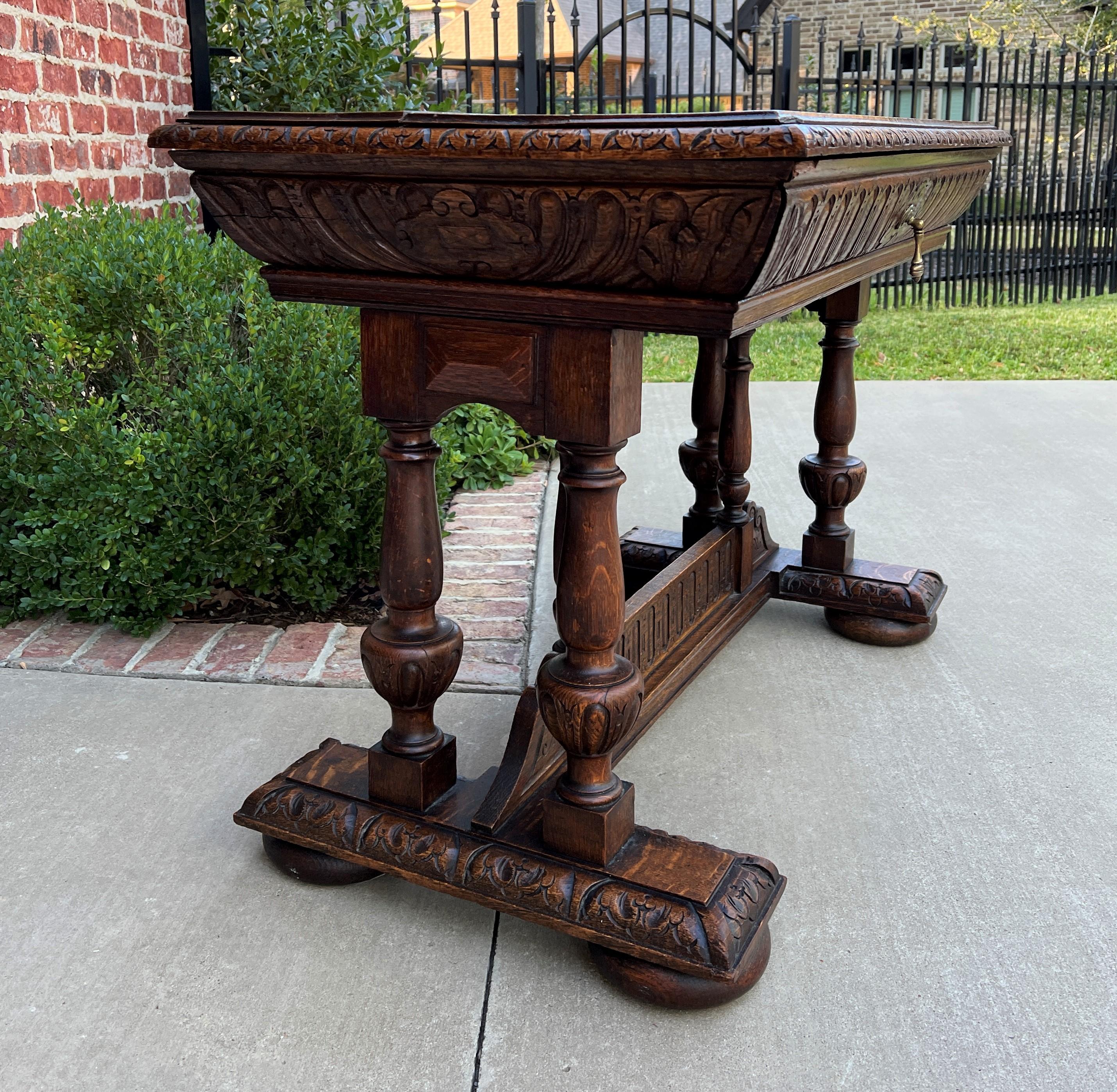 Antique French Writing Desk Table Renaissance Revival Dolphin Style Carved Oak For Sale 4
