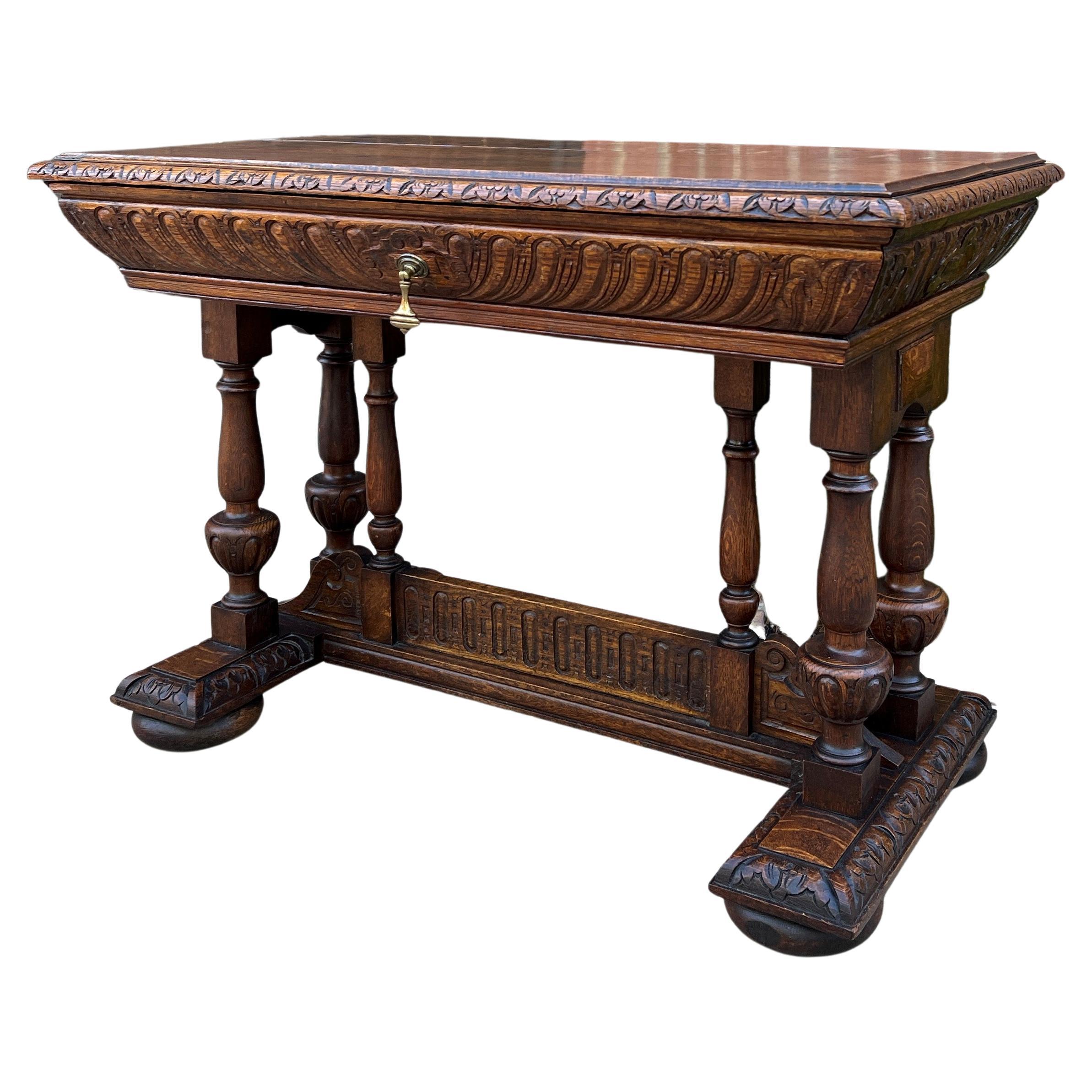 Antique French Writing Desk Table Renaissance Revival Dolphin Style Carved Oak For Sale