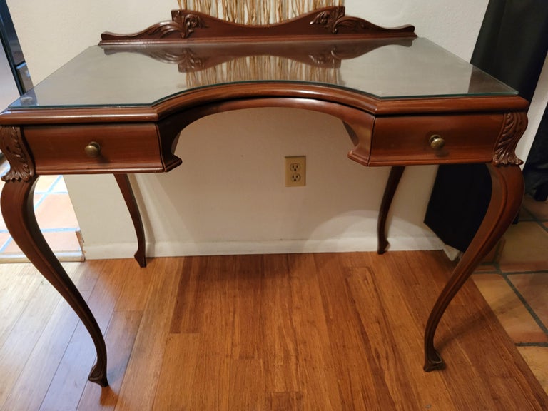 Antique French Writing Desk with Custom Glass and Two Drawers at