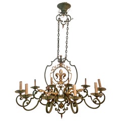 Antique French Wrought Iron 10 Light Chandelier with Fleur-de-Lis