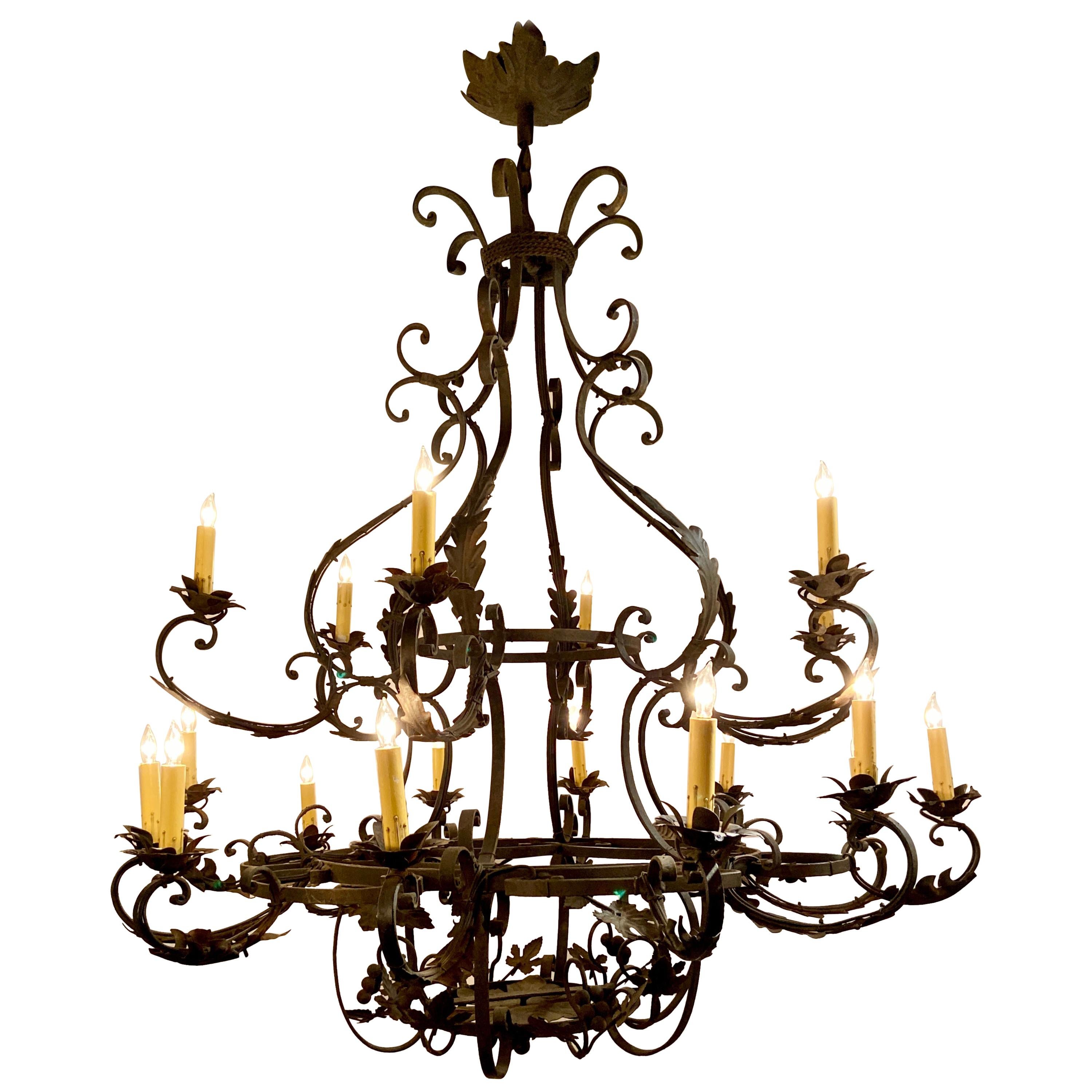 Antique French Wrought Iron 18-Light Chandelier with Grape Clusters