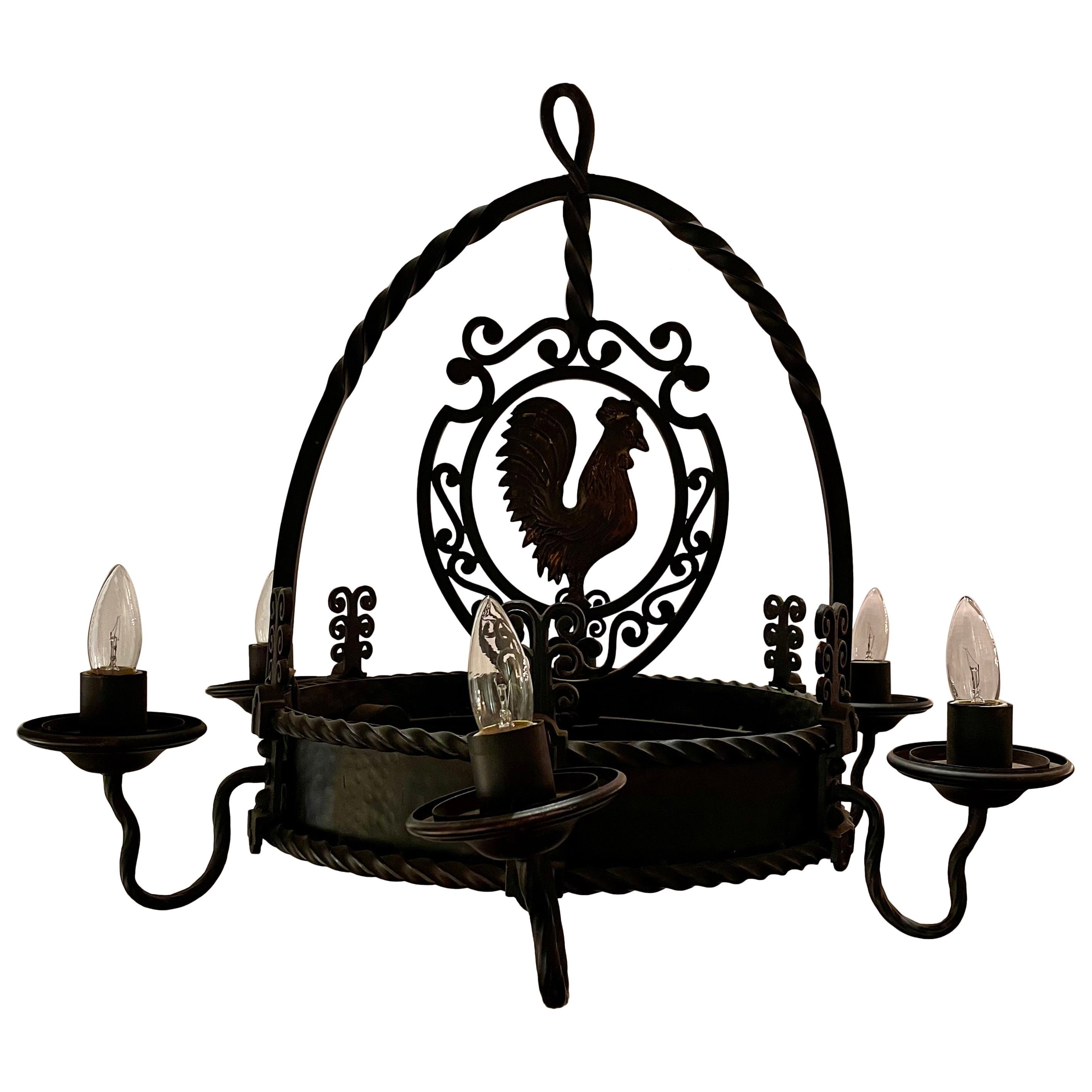 Antique French Wrought Iron 6 Light "Rooster" Chandelier, circa 1890-1900.
