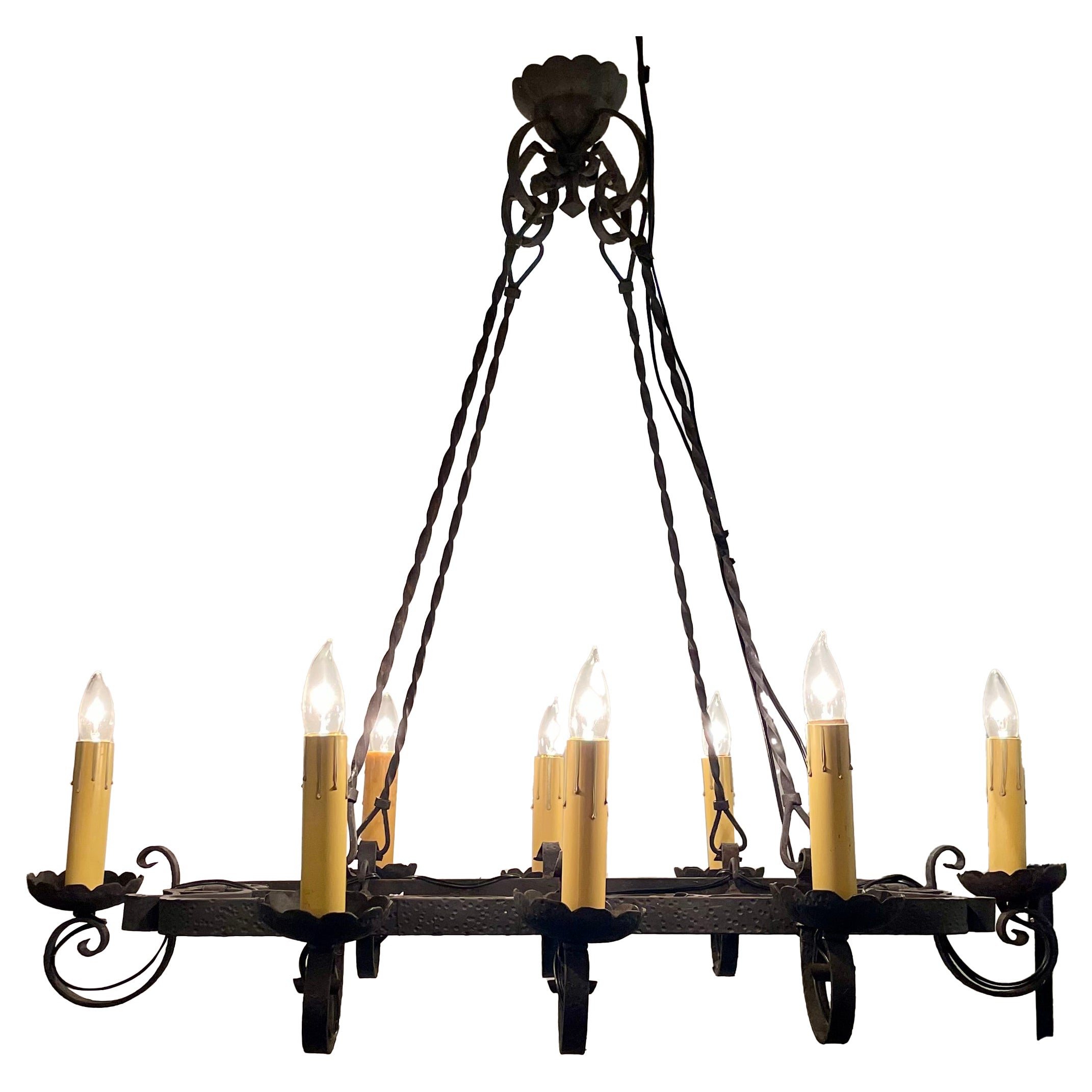 Antique French Wrought Iron 8 Light Chandelier with Scrollwork, Circa 1890-1900.
