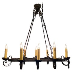 Antique French Wrought Iron 8 Light Chandelier with Scrollwork, Circa 1890-1900.
