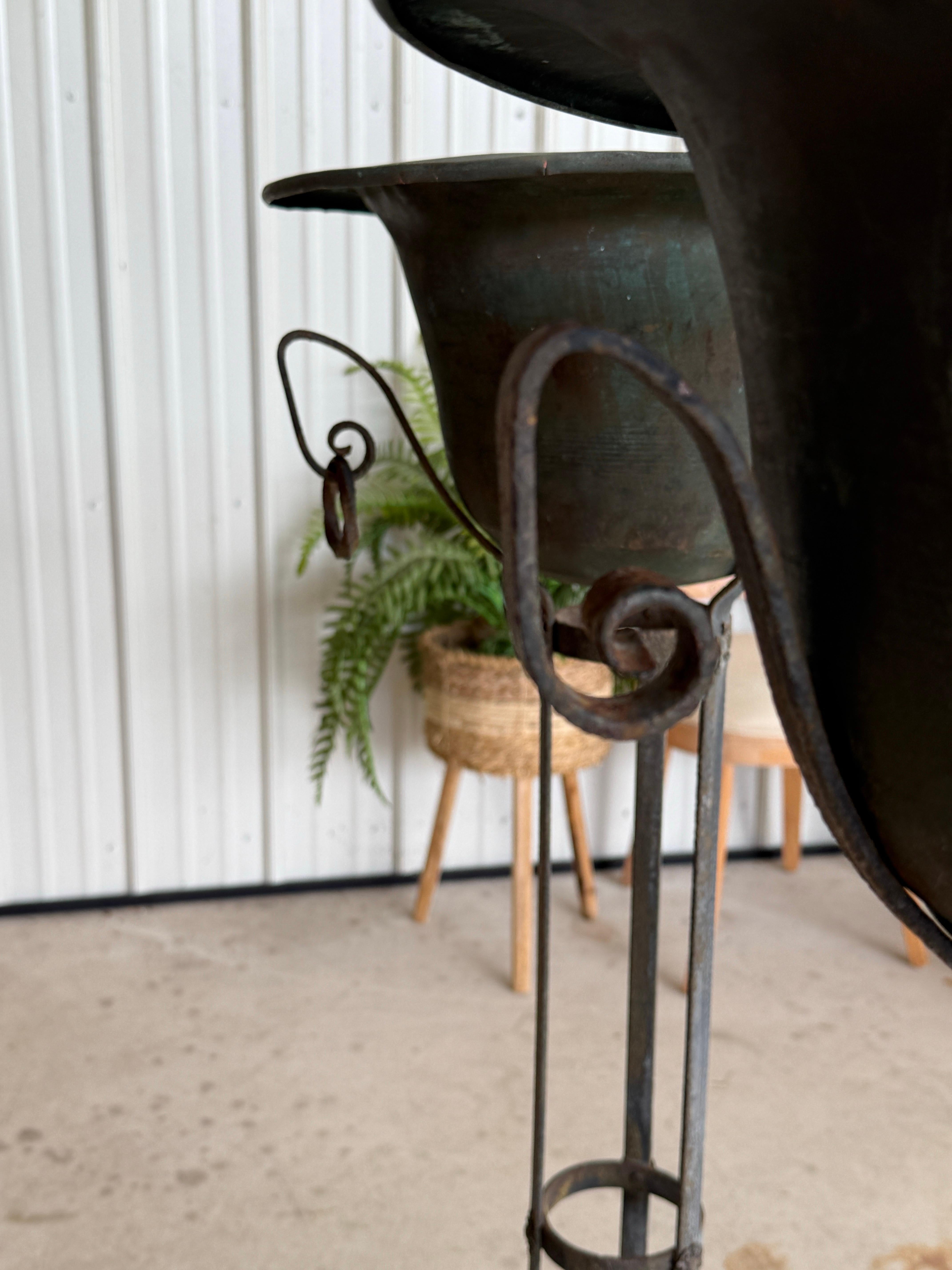 Une paire d'exquises jardinières françaises anciennes présente un mélange parfait d'art et de fonctionnalité, incarnant l'élégance d'une époque révolue. Chaque jardinière est dotée d'un support en fer forgé à la main, méticuleusement travaillé avec