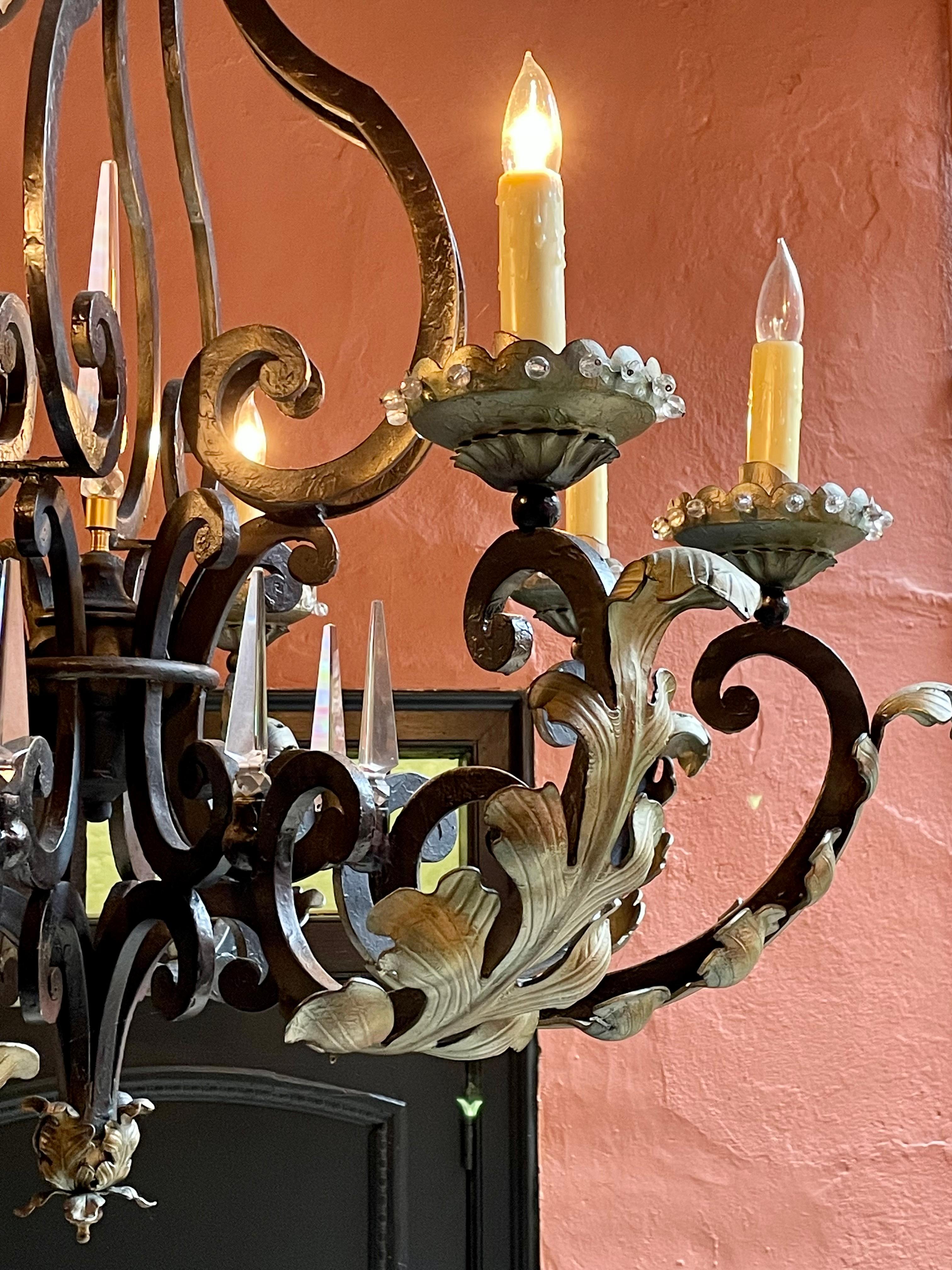 Antique French Wrought Iron and Crystal Chandelier, Circa 1900 In Good Condition For Sale In New Orleans, LA