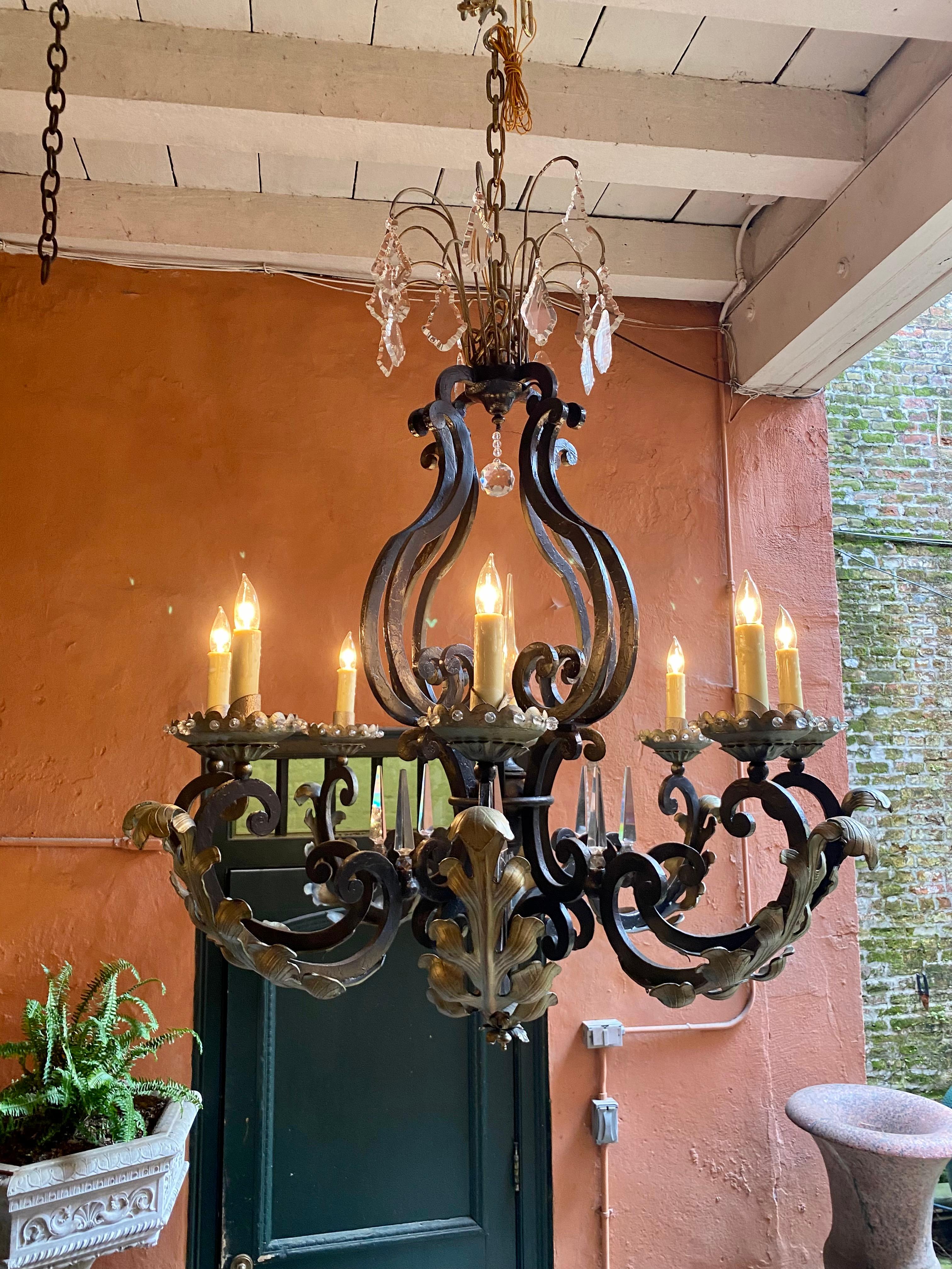 20th Century Antique French Wrought Iron and Crystal Chandelier, Circa 1900 For Sale