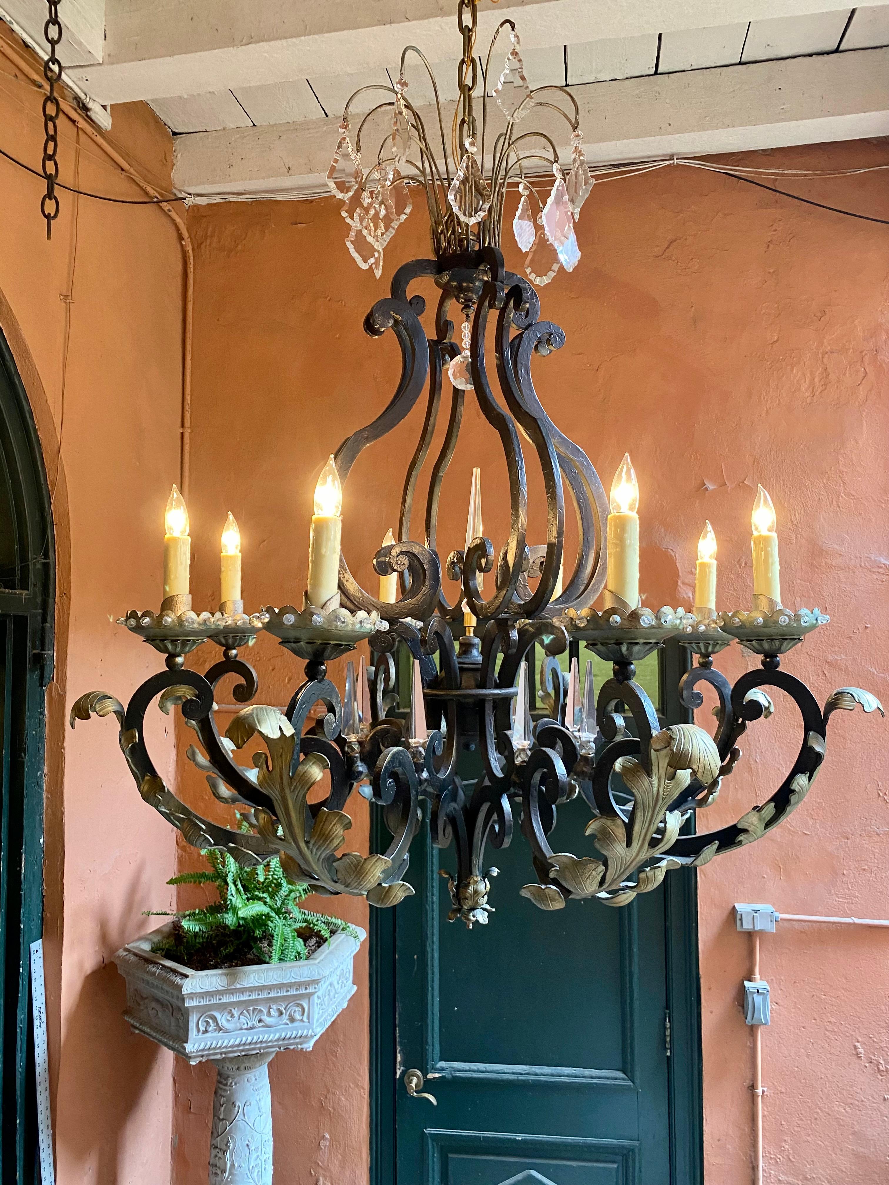 Antique French Wrought Iron and Crystal Chandelier, Circa 1900 For Sale 1