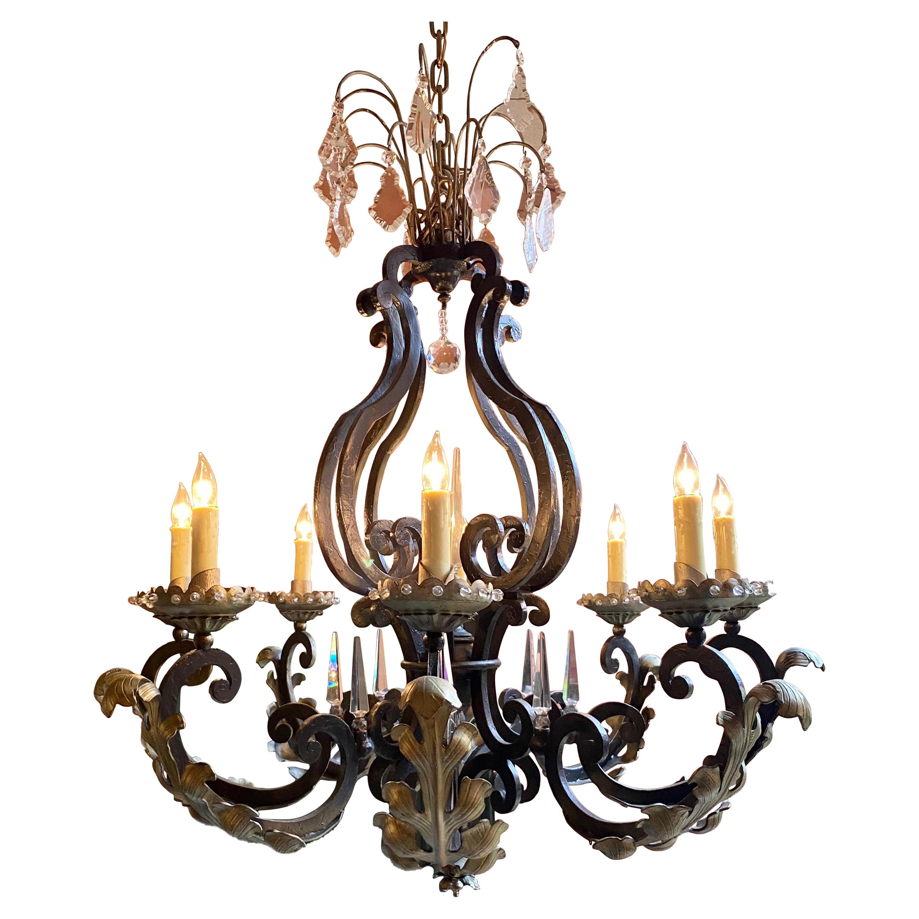 Antique French Wrought Iron and Crystal Chandelier, Circa 1900 For Sale