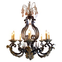 Antique French Wrought Iron and Crystal Chandelier, Circa 1900