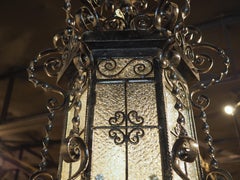 Antique French Wrought Iron and Glass Lantern or Porch Light, Circa 1920s