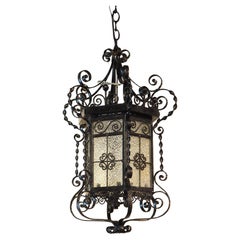 Antique French Wrought Iron and Glass Lantern or Porch Light, Circa 1920s