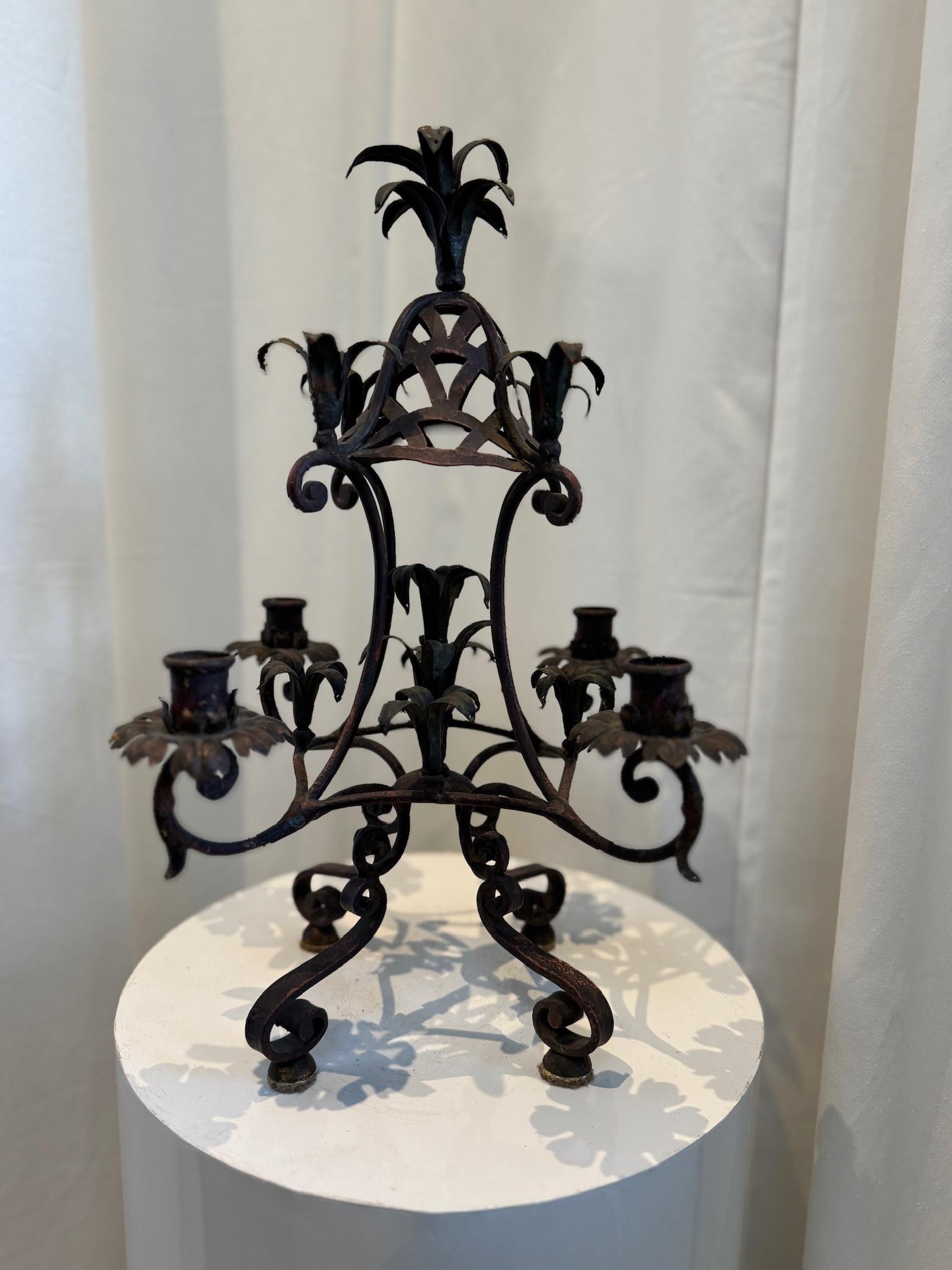 Antique French Wrought Iron Candelabra with Gothic Floral Motifs In Good Condition For Sale In West Hollywood, CA