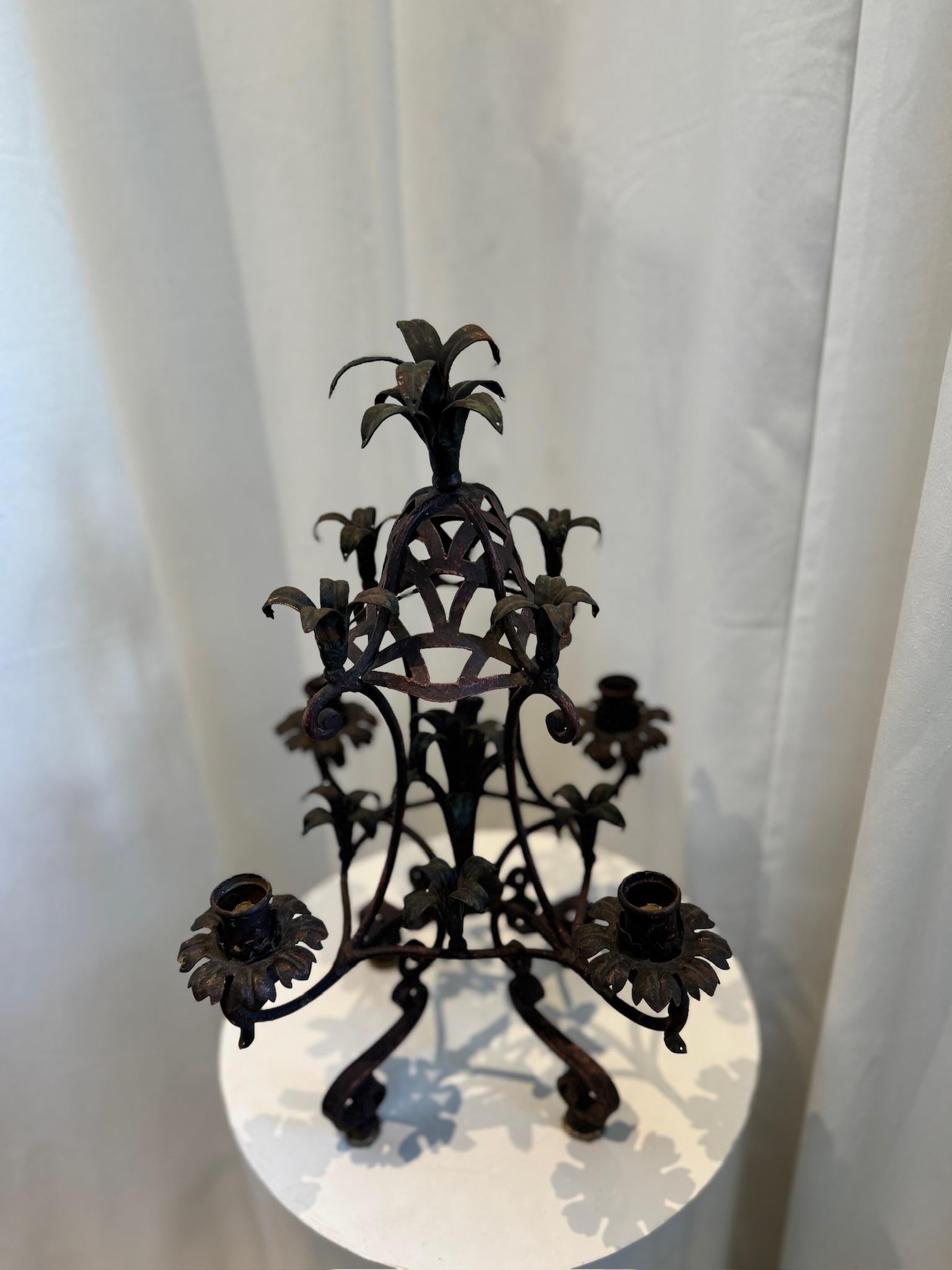 20th Century Antique French Wrought Iron Candelabra with Gothic Floral Motifs For Sale