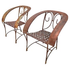 Antique French  Wrought Iron Chairs in Original Finish, a Pair