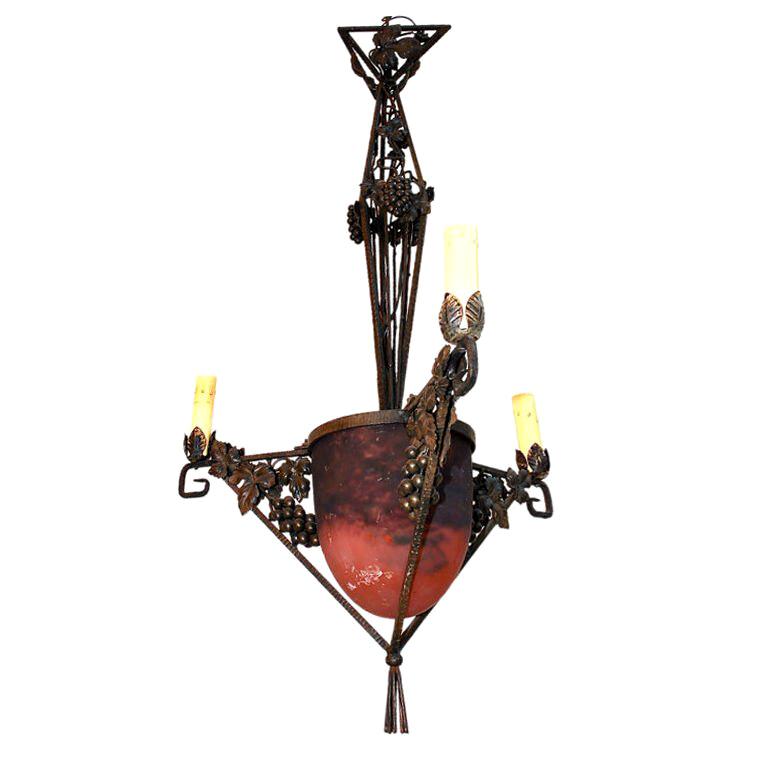 antique  French Wrought Iron Chandelier by Degue For Sale