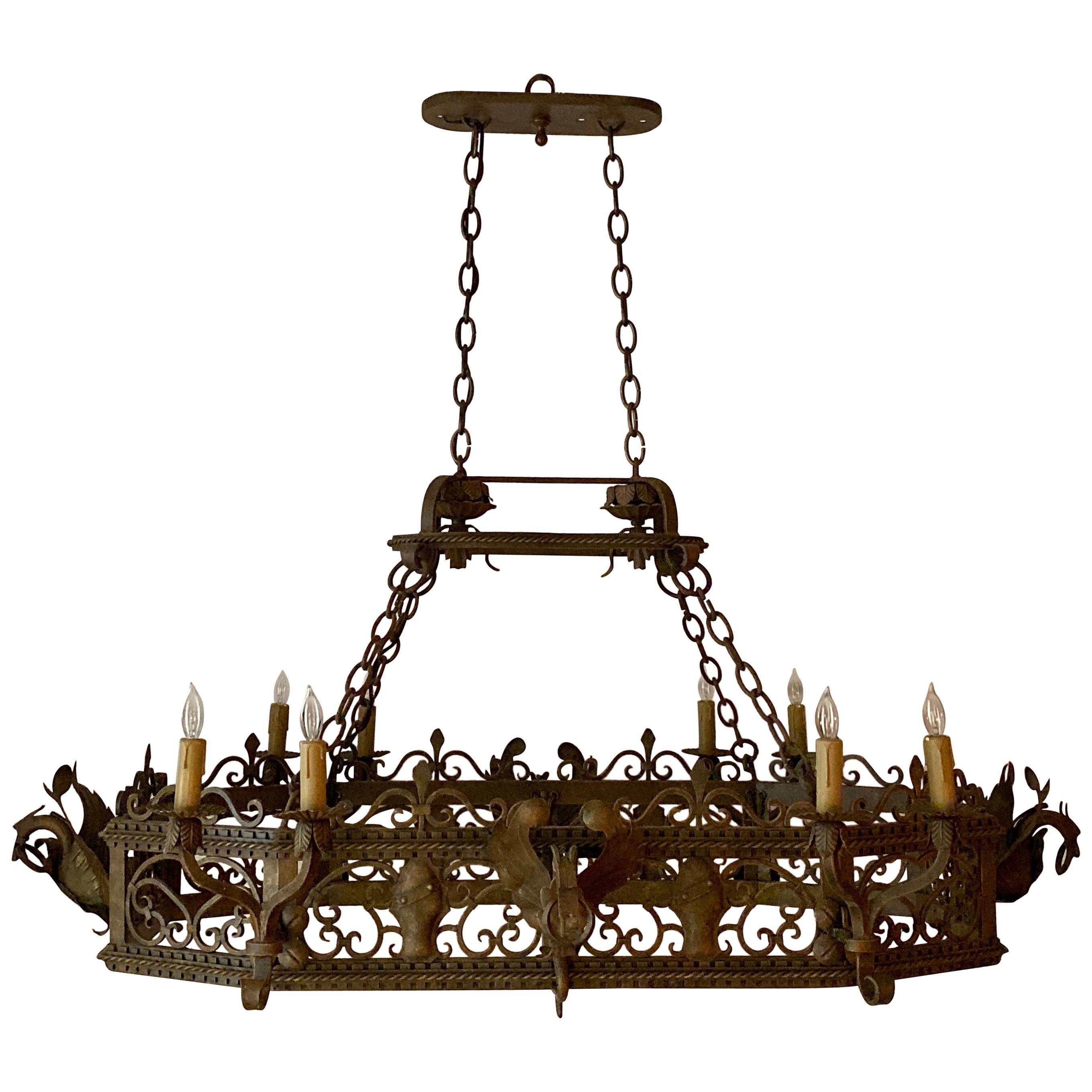 Antique French Wrought Iron Chandelier, circa 1920