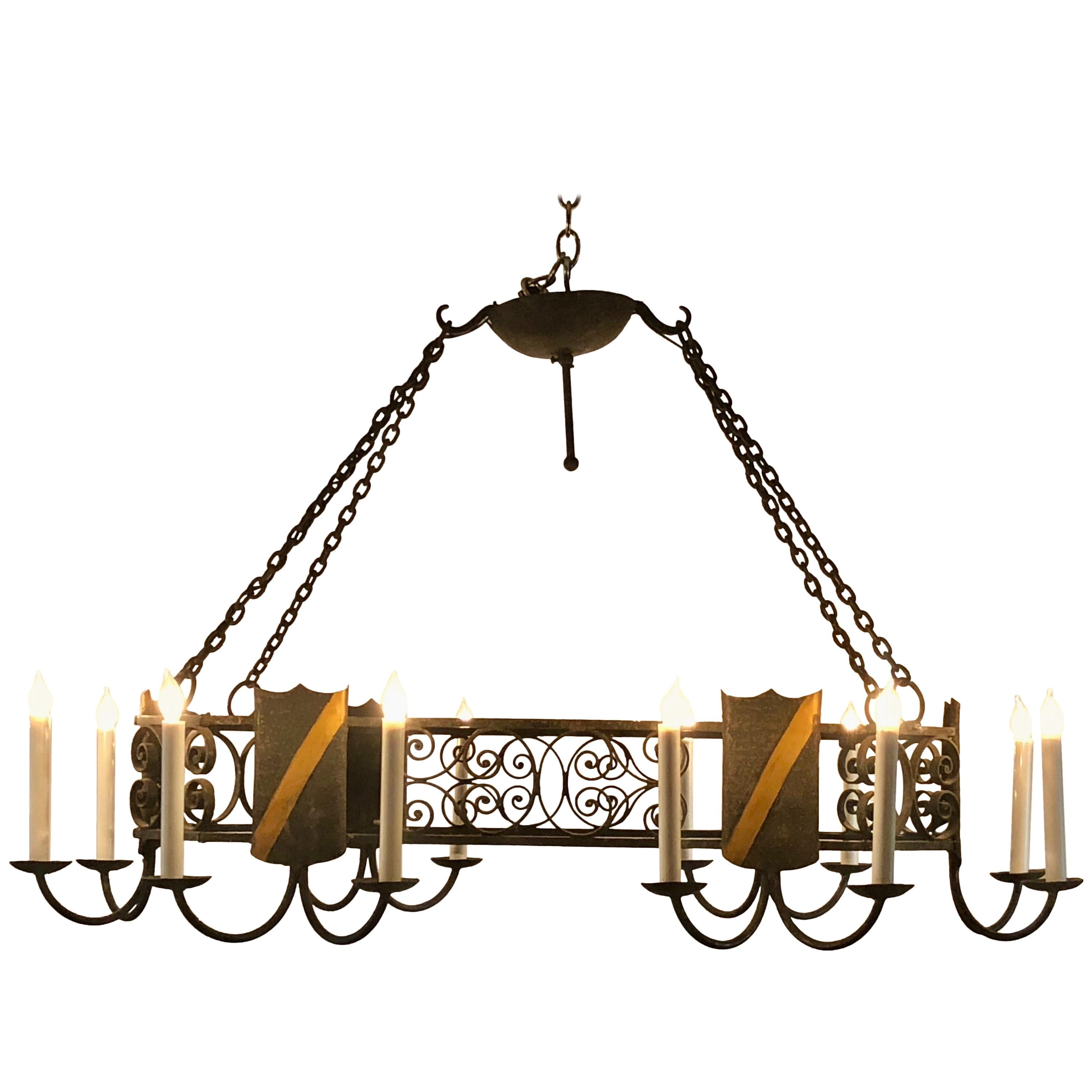 Antique French Wrought Iron Oval-Shaped Chandelier, Circa 1890's For Sale
