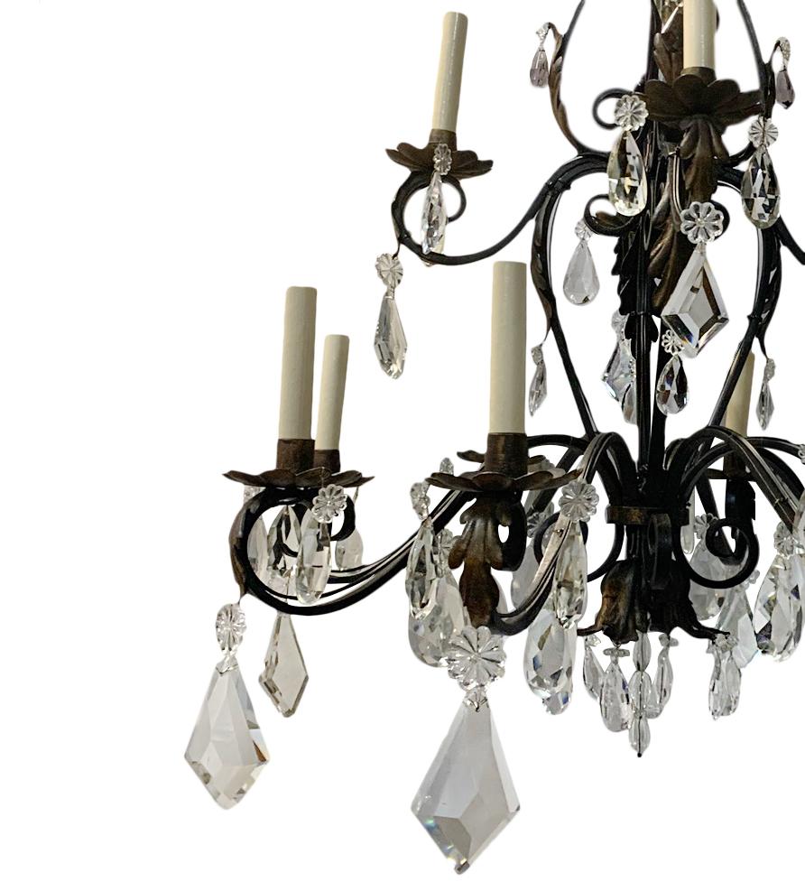 Antique French Wrought Iron Chandelier with Crystals In Good Condition For Sale In New York, NY