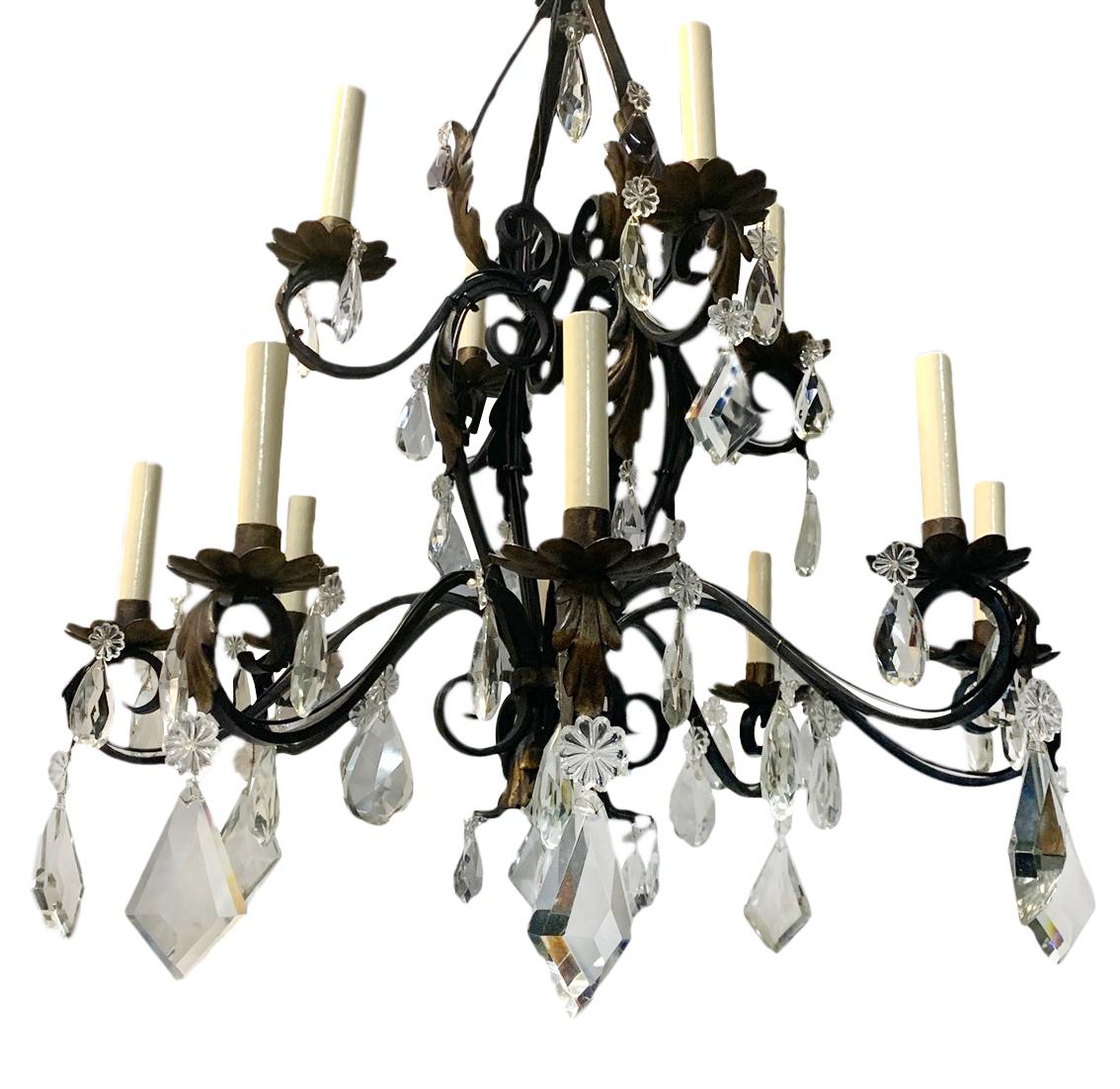 Early 20th Century Antique French Wrought Iron Chandelier with Crystals For Sale