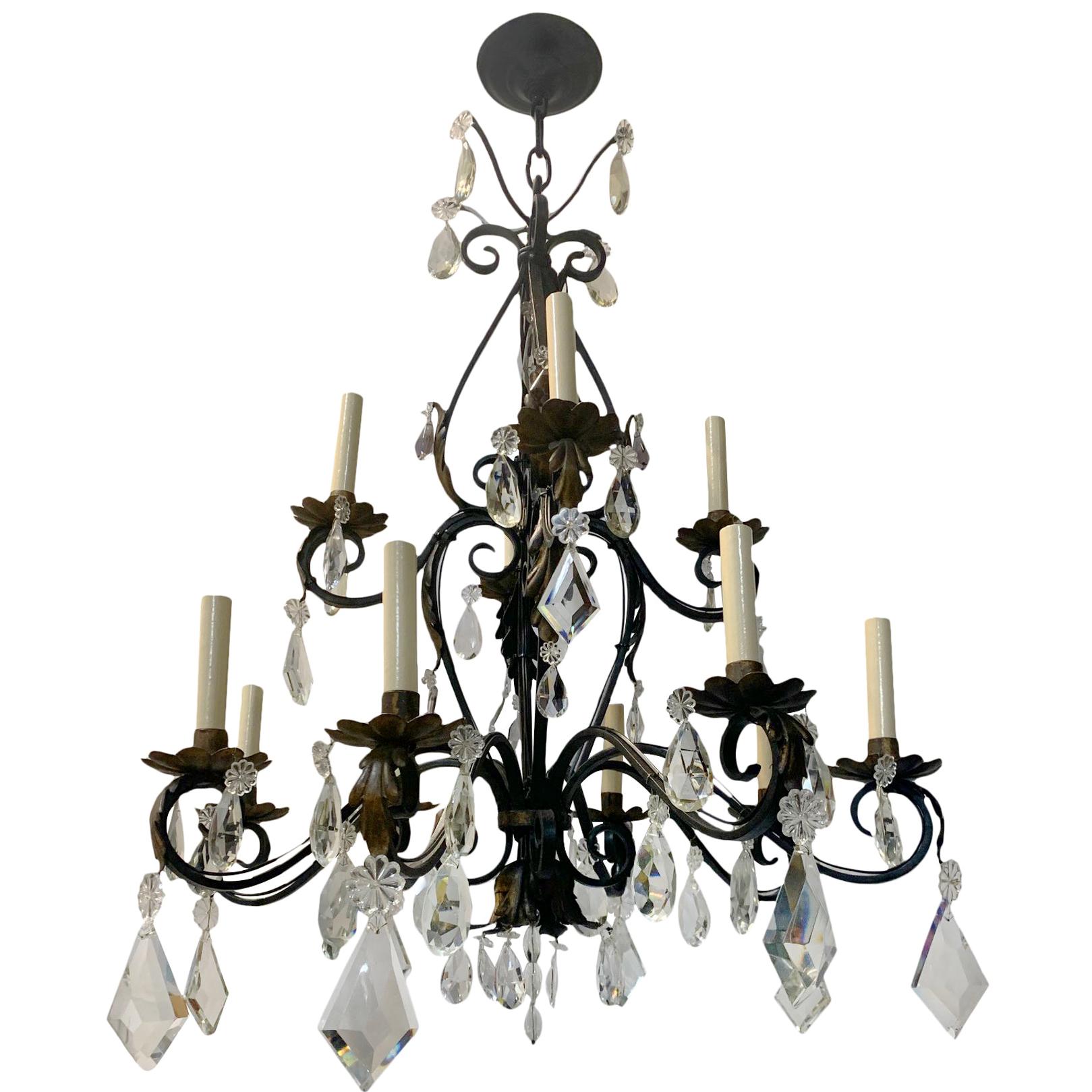 Antique French Wrought Iron Chandelier with Crystals For Sale