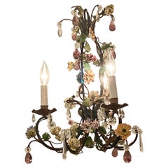Antique French Wrought Iron Chandelier with Dresden Porcelain Flowers Circa 1910