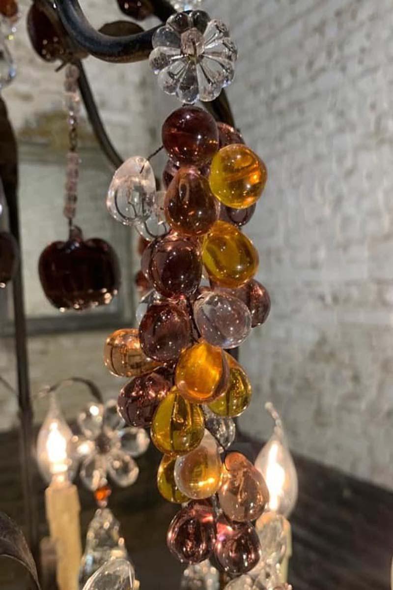 Antique French Wrought Iron Chandelier with Multicolored Crystal Fruit Pendants 5