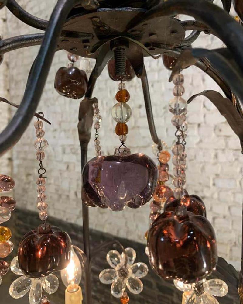 Antique French Wrought Iron Chandelier with Multicolored Crystal Fruit Pendants 11