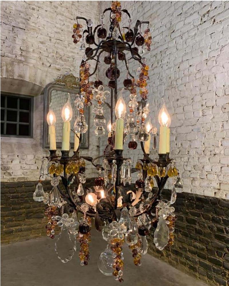 Art Nouveau Antique French Wrought Iron Chandelier with Multicolored Crystal Fruit Pendants