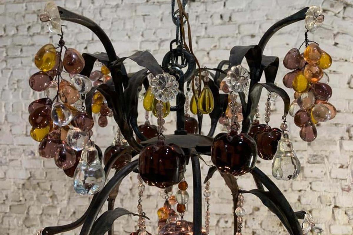 Antique French Wrought Iron Chandelier with Multicolored Crystal Fruit Pendants In Good Condition In Casteren, NL