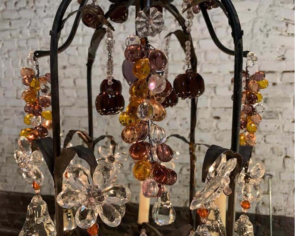 20th Century Antique French Wrought Iron Chandelier with Multicolored Crystal Fruit Pendants