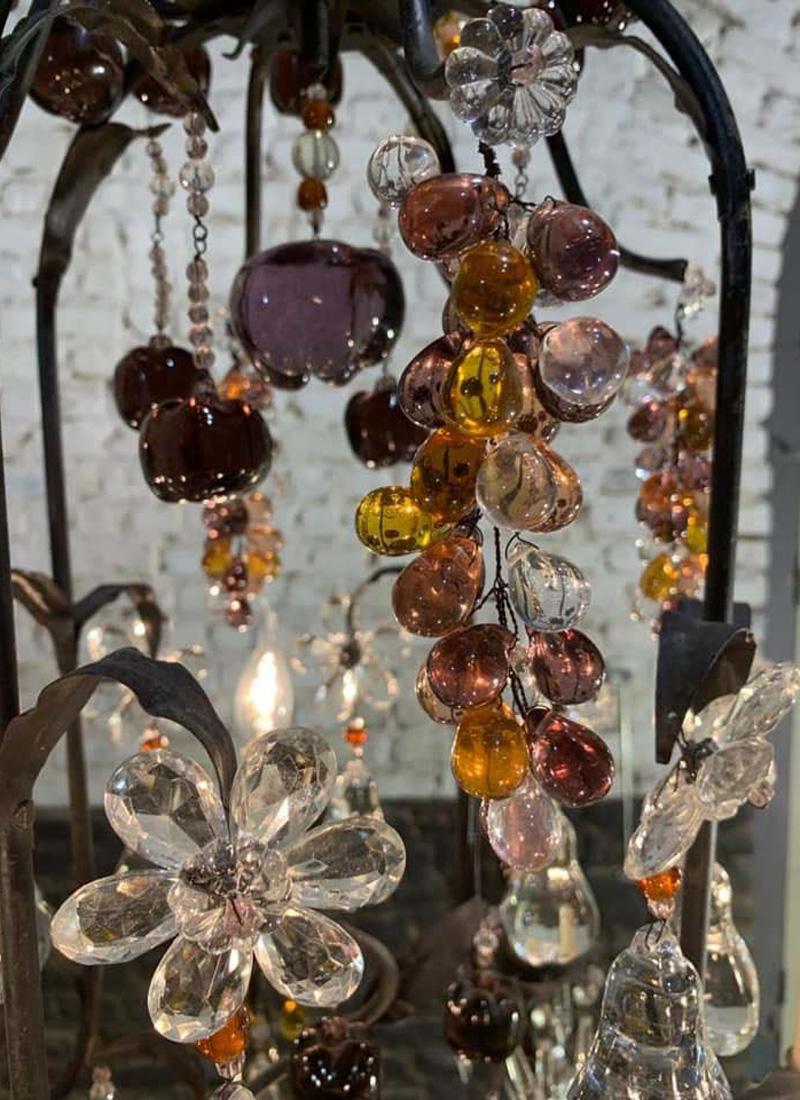 Amethyst Antique French Wrought Iron Chandelier with Multicolored Crystal Fruit Pendants