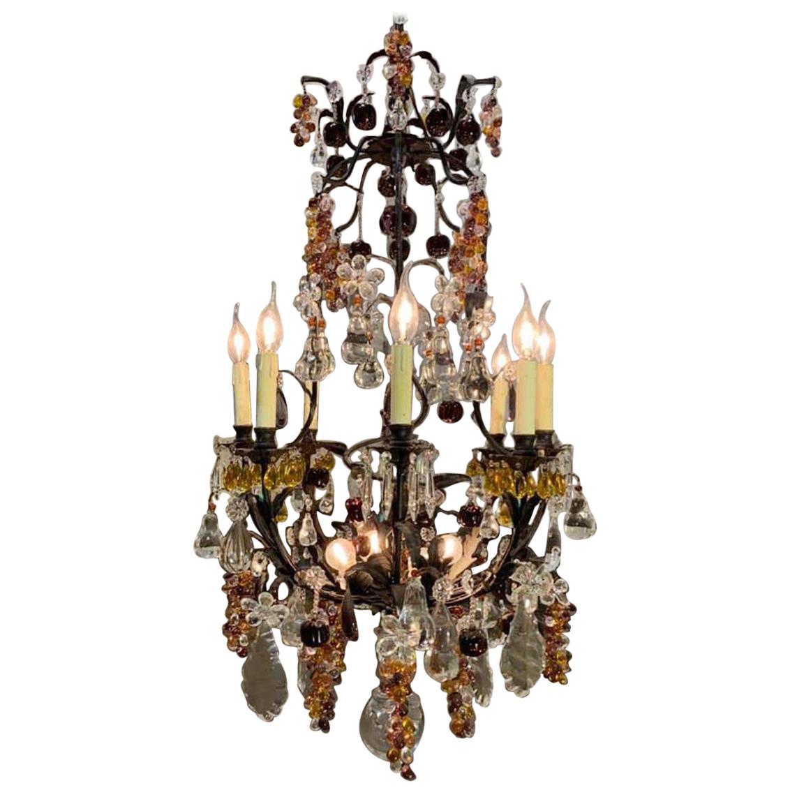 Antique French Wrought Iron Chandelier with Multicolored Crystal Fruit Pendants