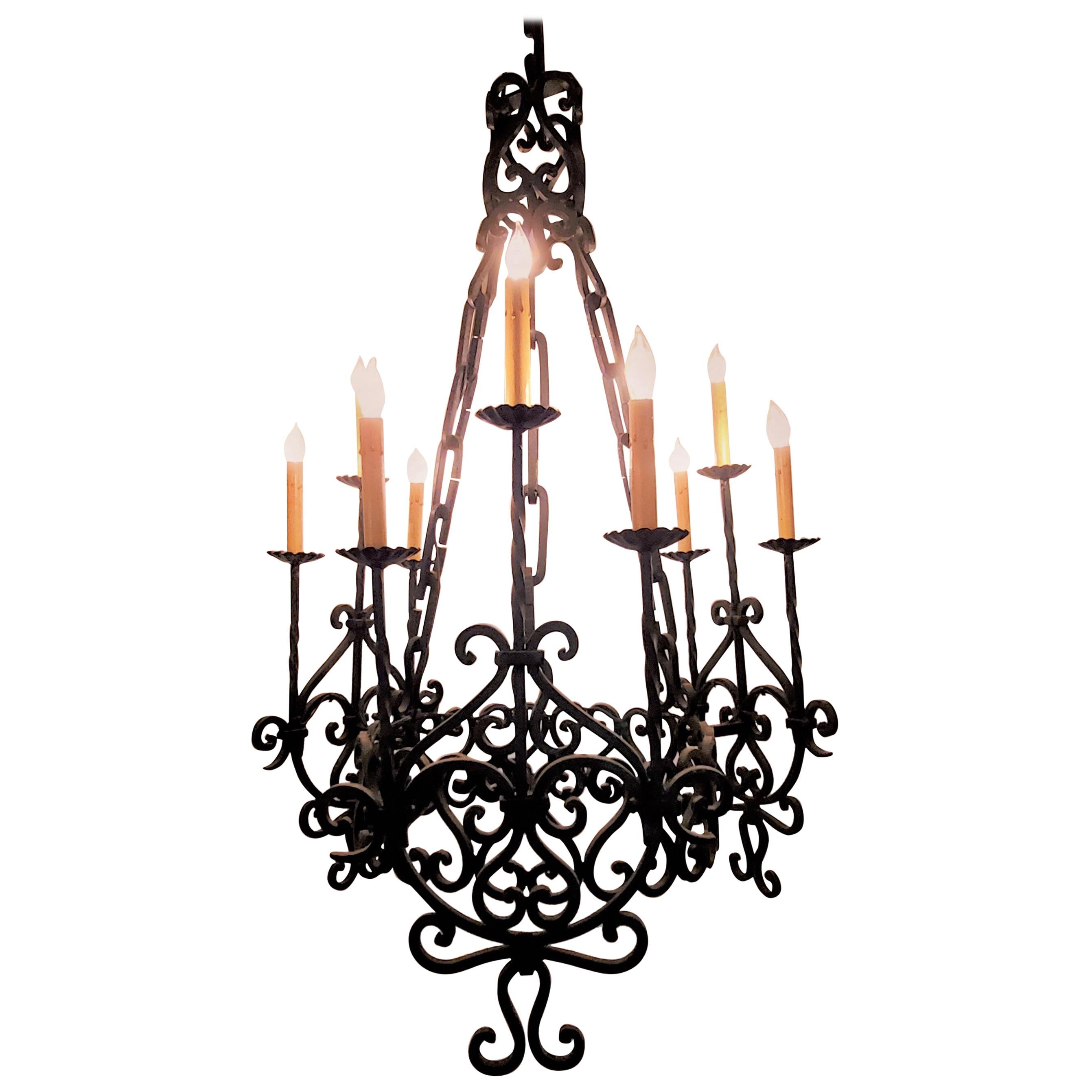 Antique French Wrought Iron Chateau Chandelier For Sale
