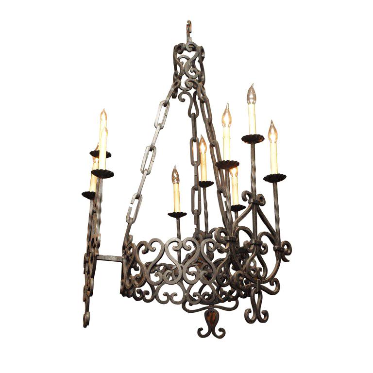 Antique French Wrought Iron Chateau Chandelier with Nine LIghts