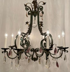Antique French Wrought Iron & Crystal 8 Light Chandelier, circa 1920