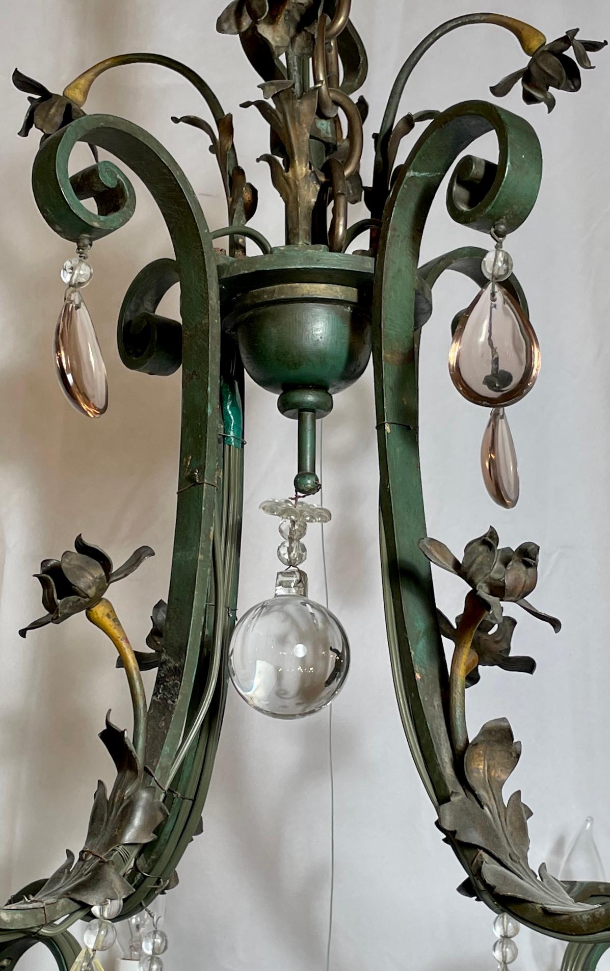 Antique French Wrought Iron & Crystal 8 Light Chandelier, circa 1920 In Good Condition For Sale In New Orleans, LA