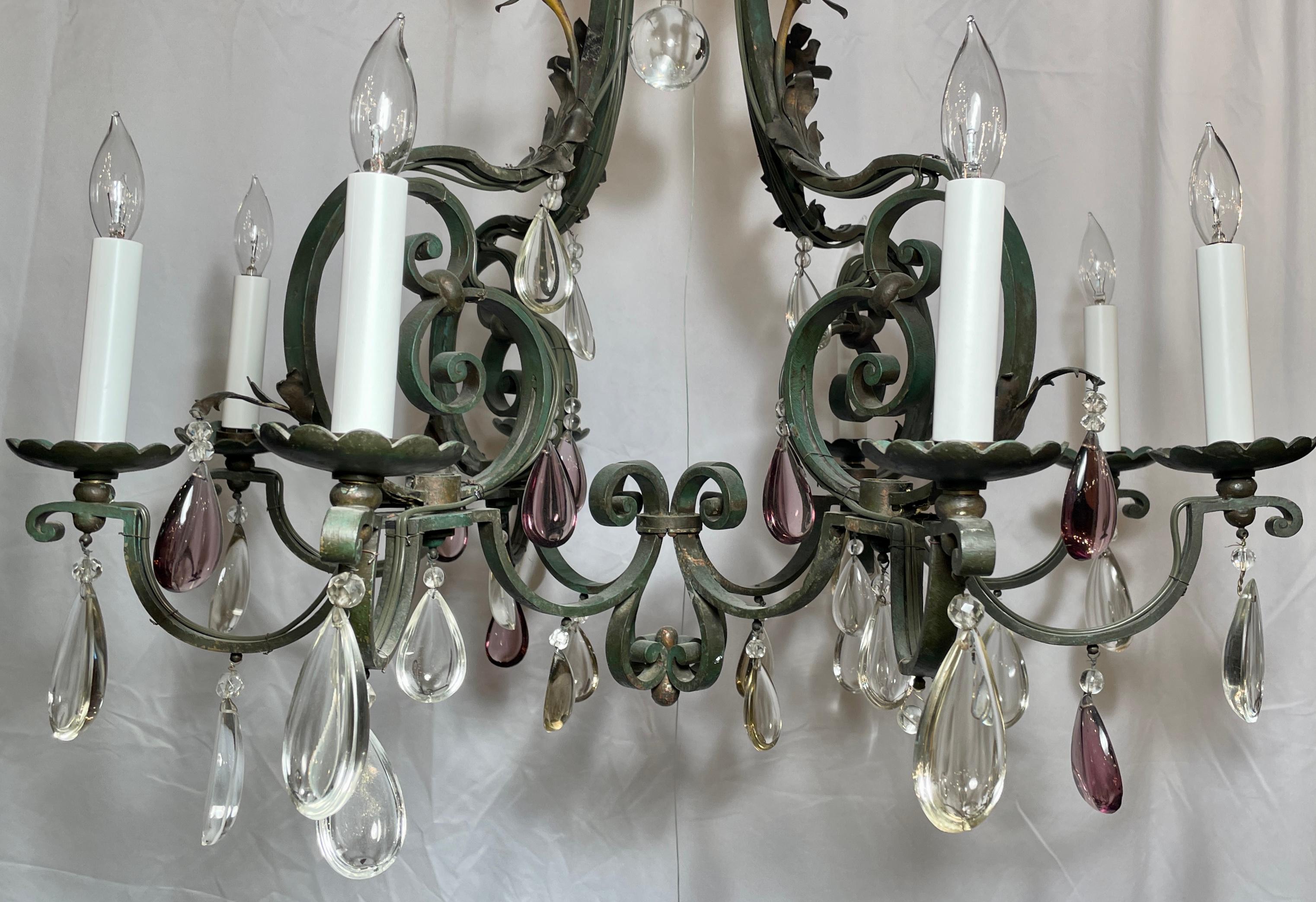 20th Century Antique French Wrought Iron & Crystal 8 Light Chandelier, circa 1920 For Sale