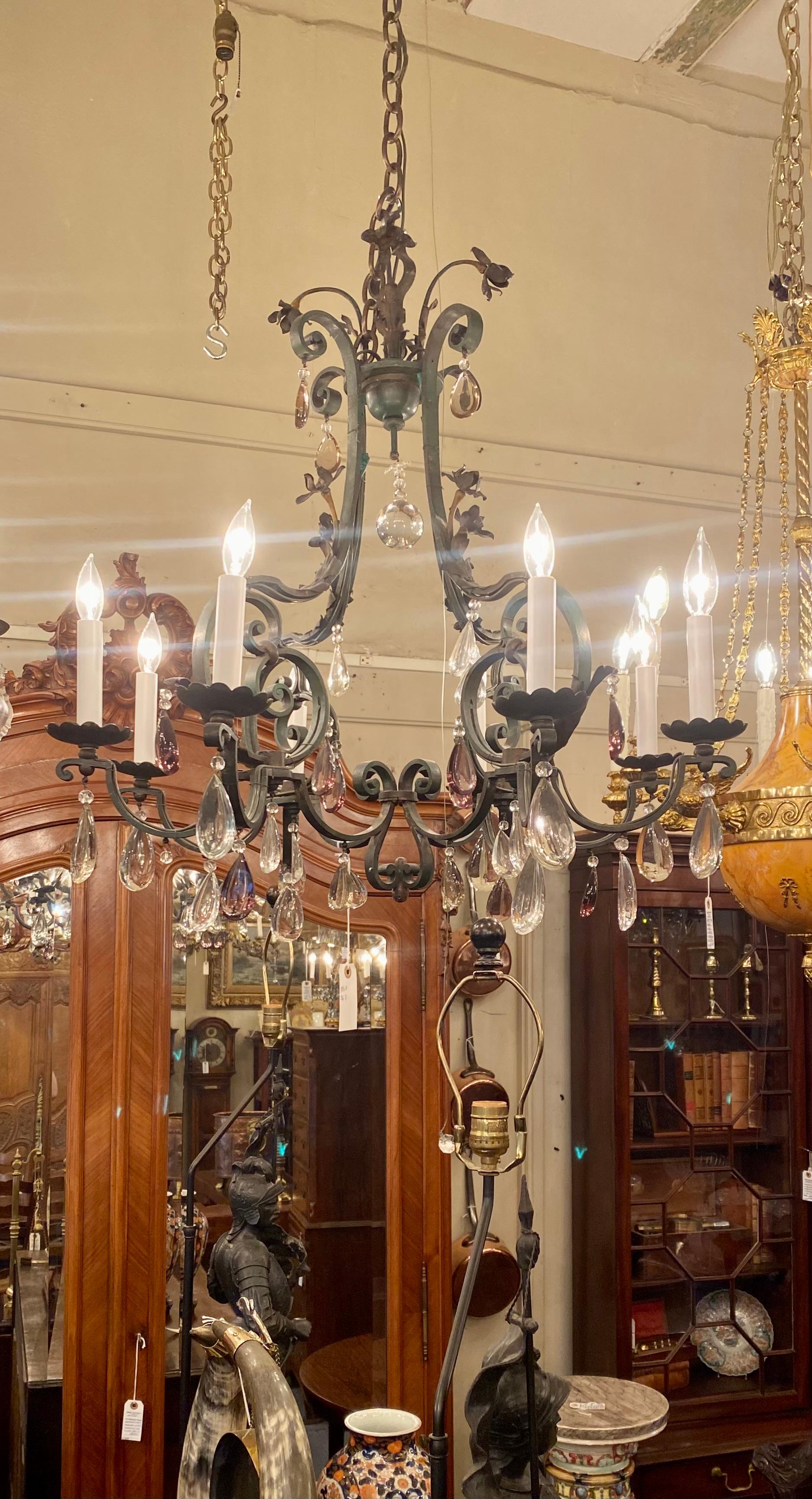 Antique French Wrought Iron & Crystal 8 Light Chandelier, circa 1920 For Sale 2