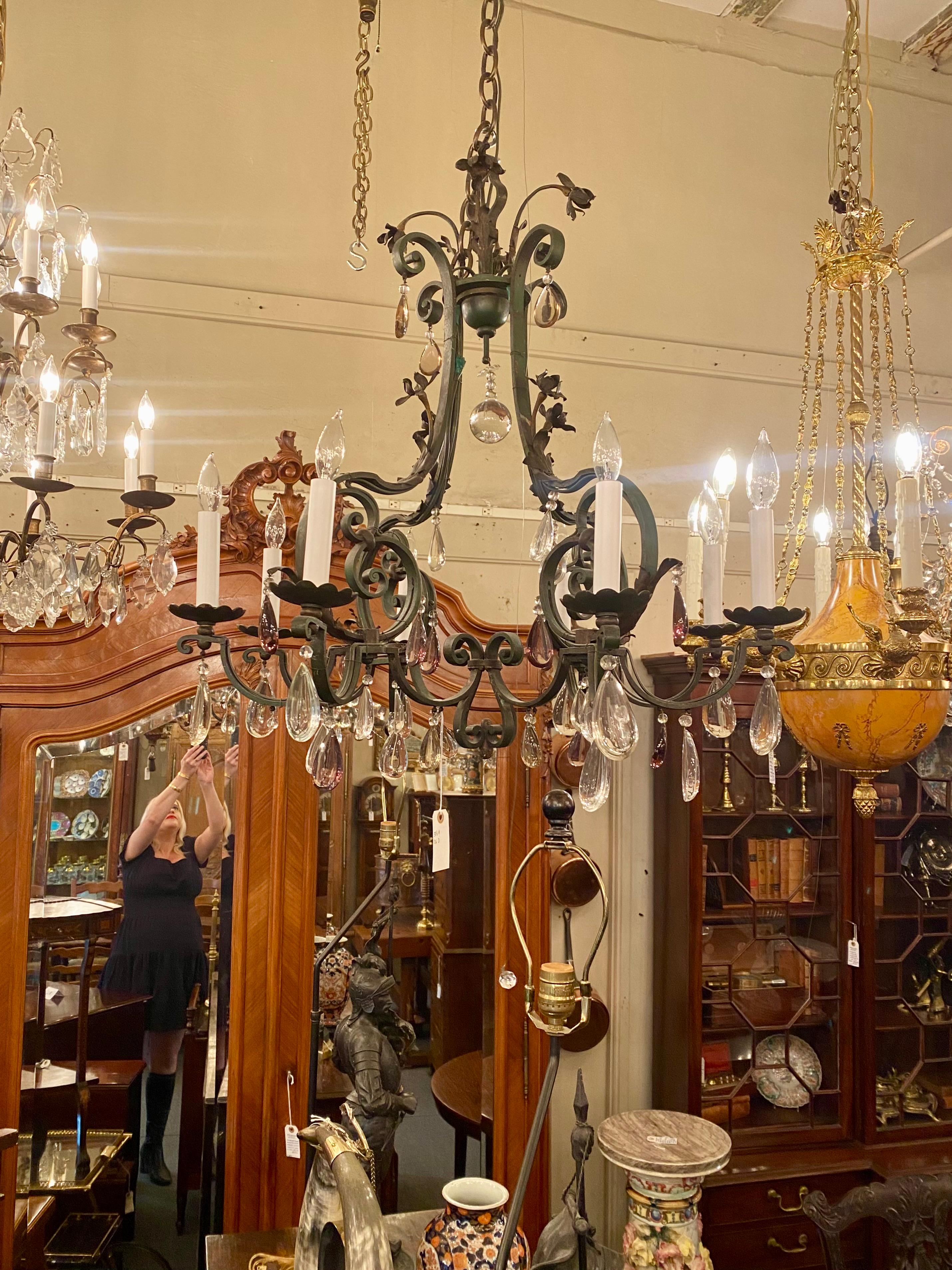 Antique French Wrought Iron & Crystal 8 Light Chandelier, circa 1920 For Sale 3