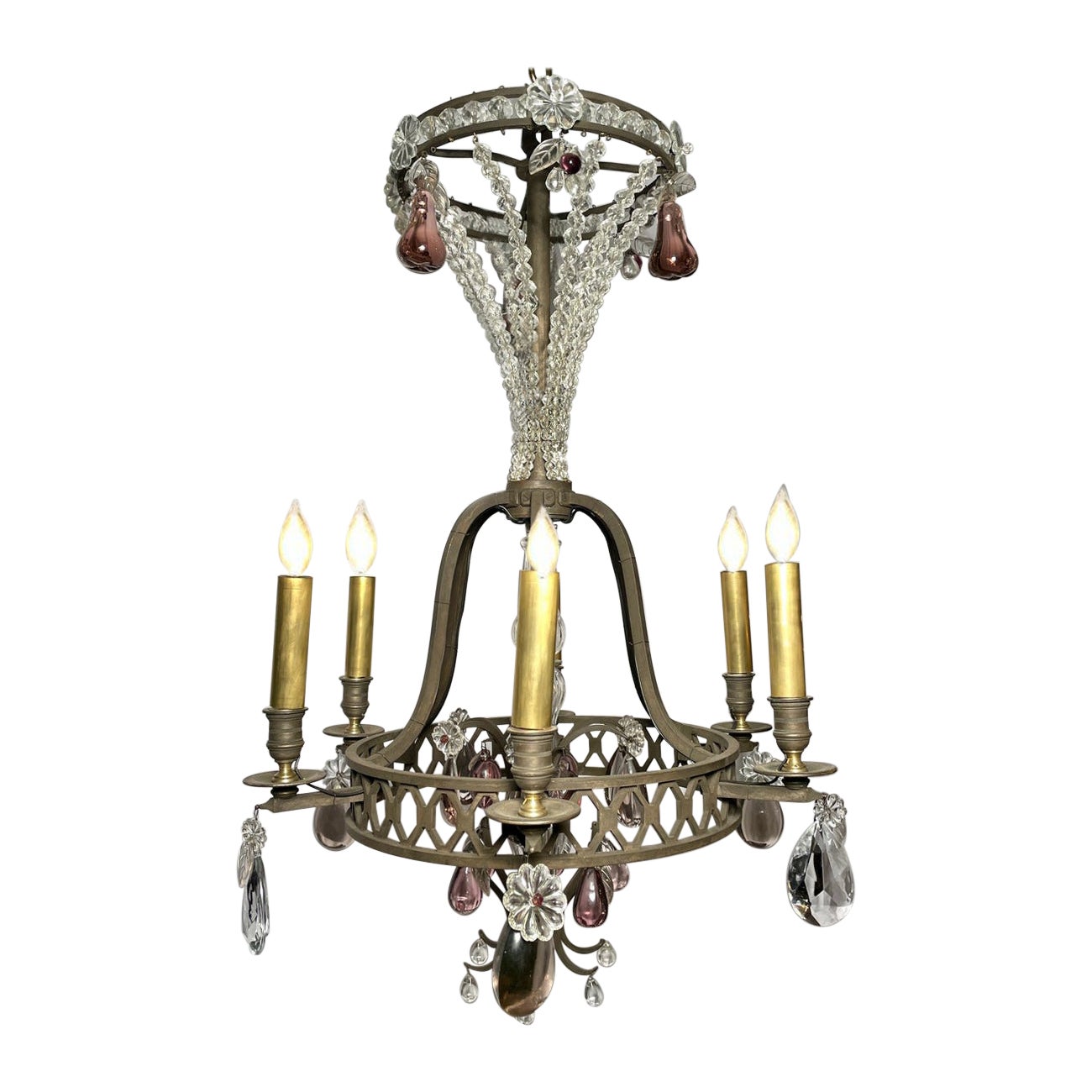 Lustre français ancien en fer forgé et cristal, circa 1880.