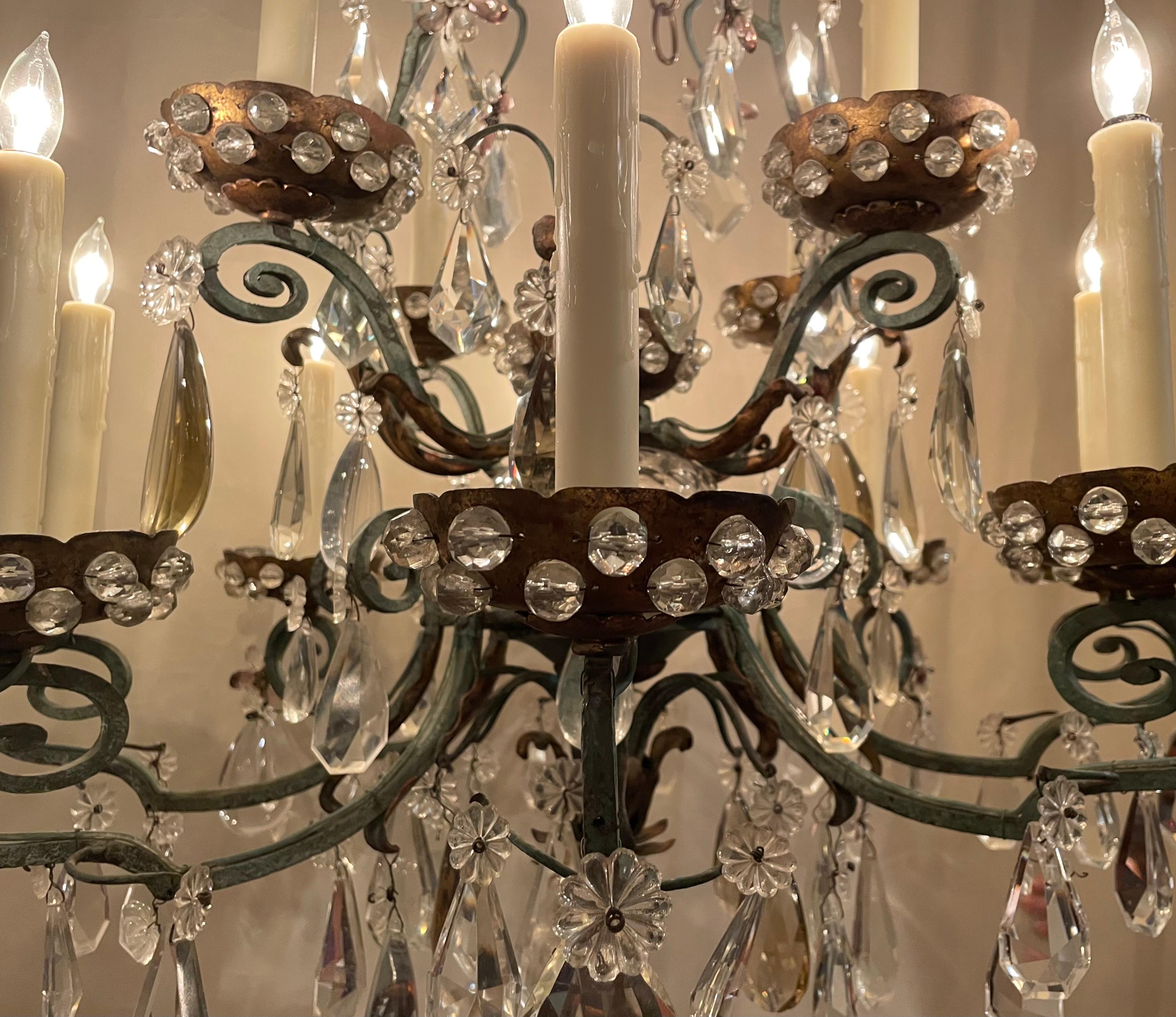 Antique French Wrought Iron and Crystal Chandelier, circa 1900.