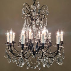 Antique French Wrought Iron & Crystal Chandelier