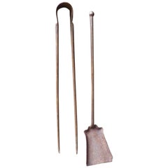 Antique French Wrought Iron Fireplace Tools or Fire Tools, 18th Century
