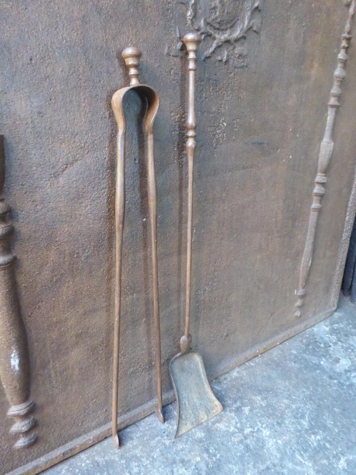 Forged Antique French Wrought Iron Fireplace Tools or Fire Tools, 19th Century