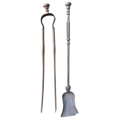 Antique French Wrought Iron Fireplace Tools or Fire Tools, 19th Century