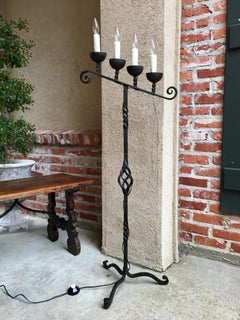 Antique French Wrought Iron Floor Lamp 4 Candle Candelabra Castle Lighting